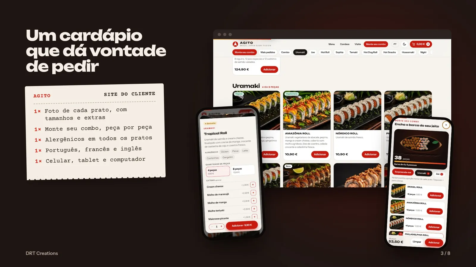 Cardápio com fotos, extras e montagem de combo