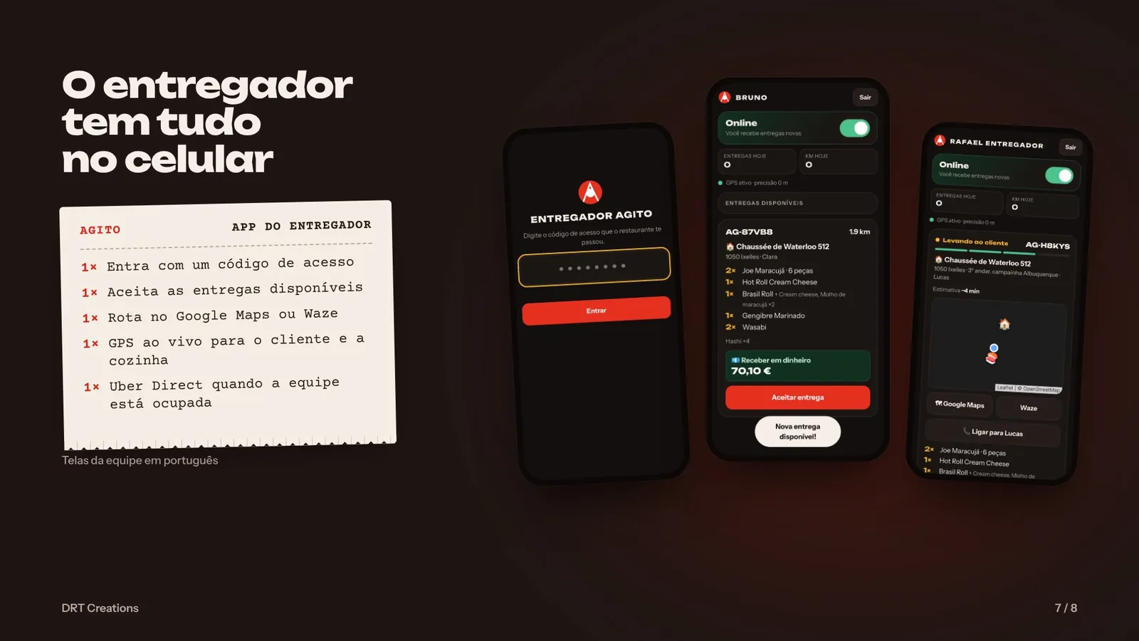App do entregador: acesso, entregas disponíveis e rota