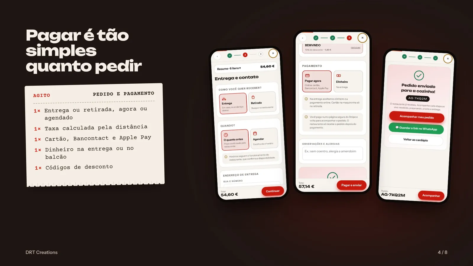 Entrega, pagamento e confirmação do pedido