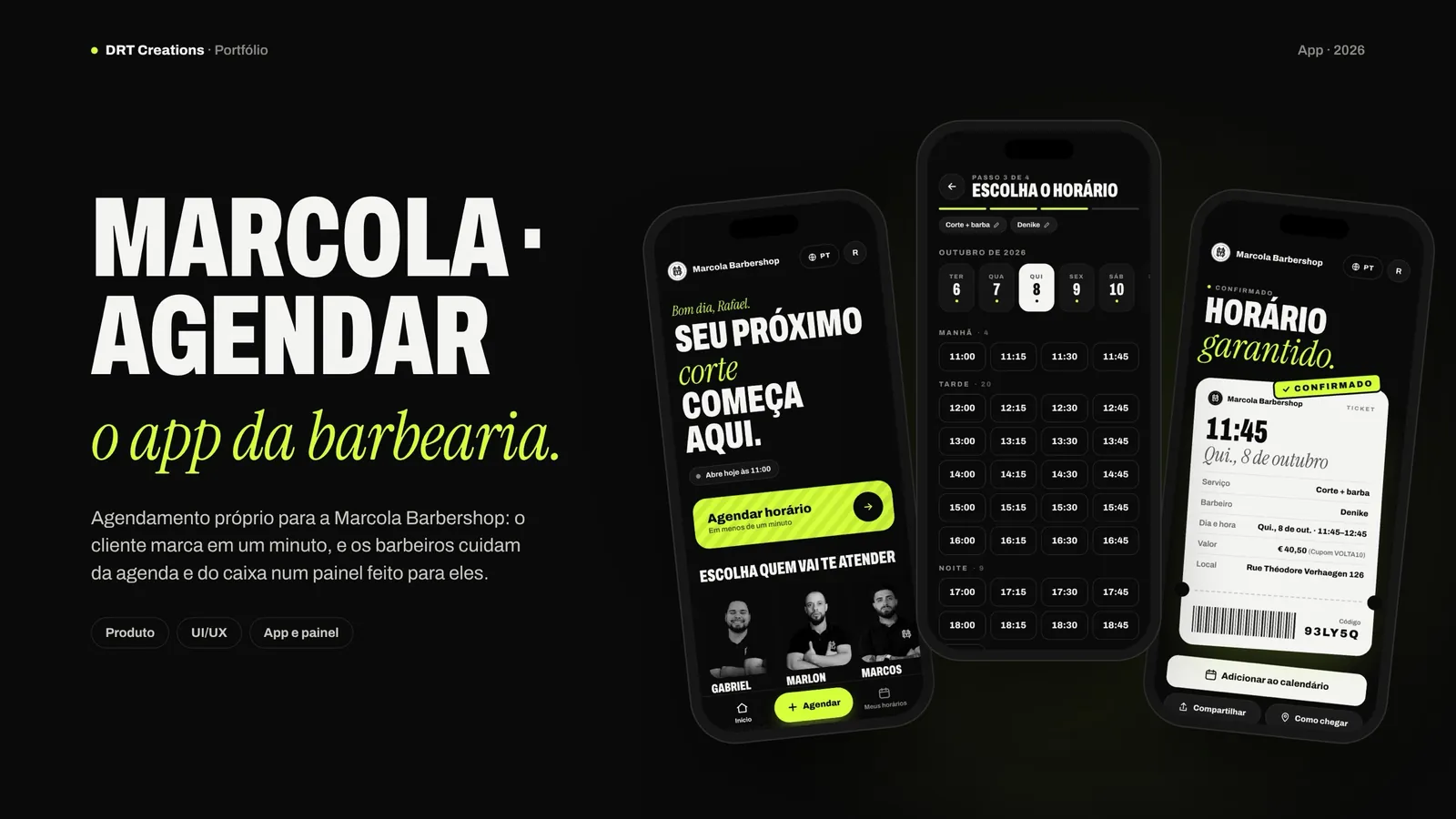 Três telas do app Marcola Agendar