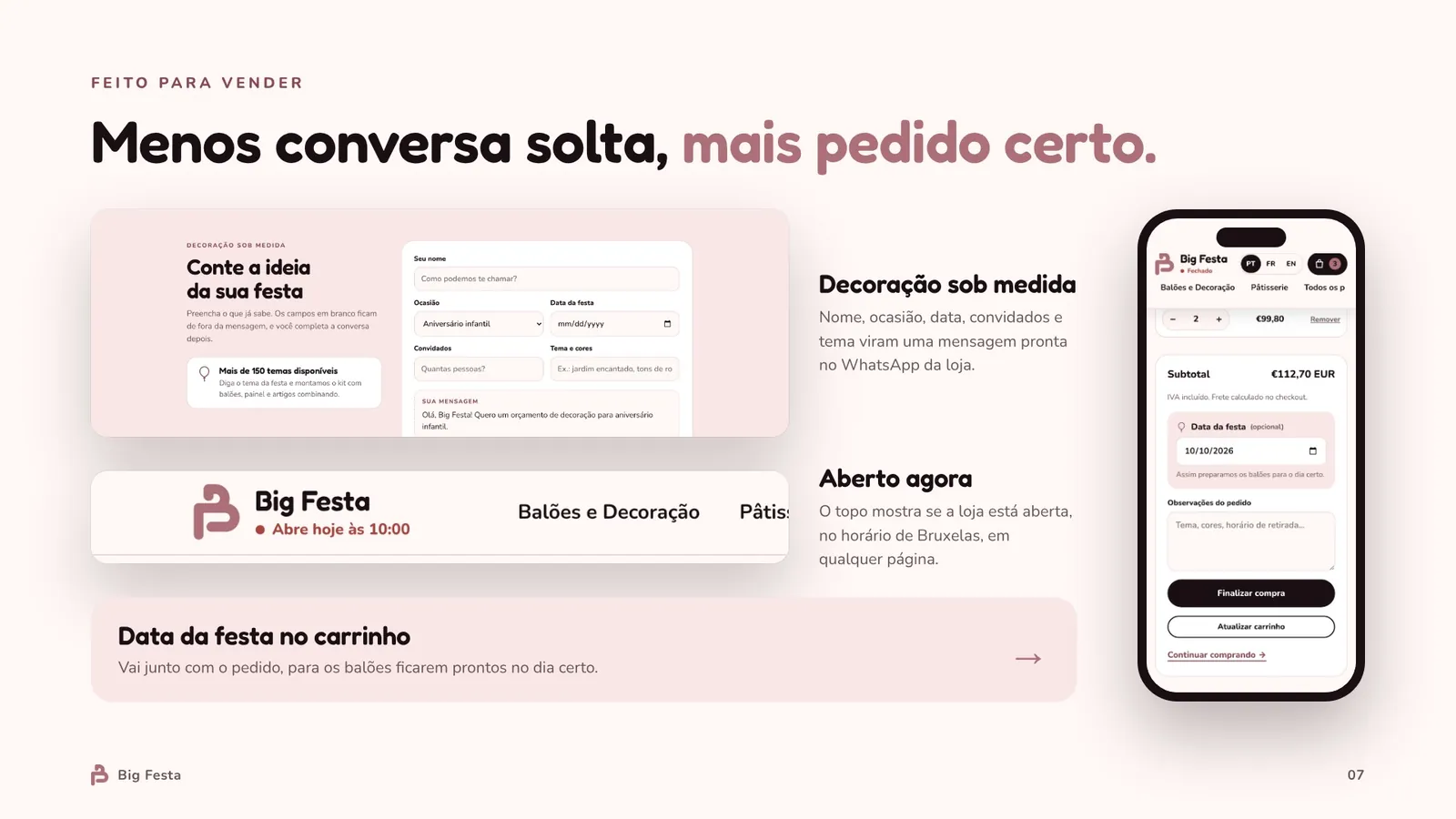 Decoração sob medida pelo WhatsApp, horário ao vivo e data da festa no carrinho
