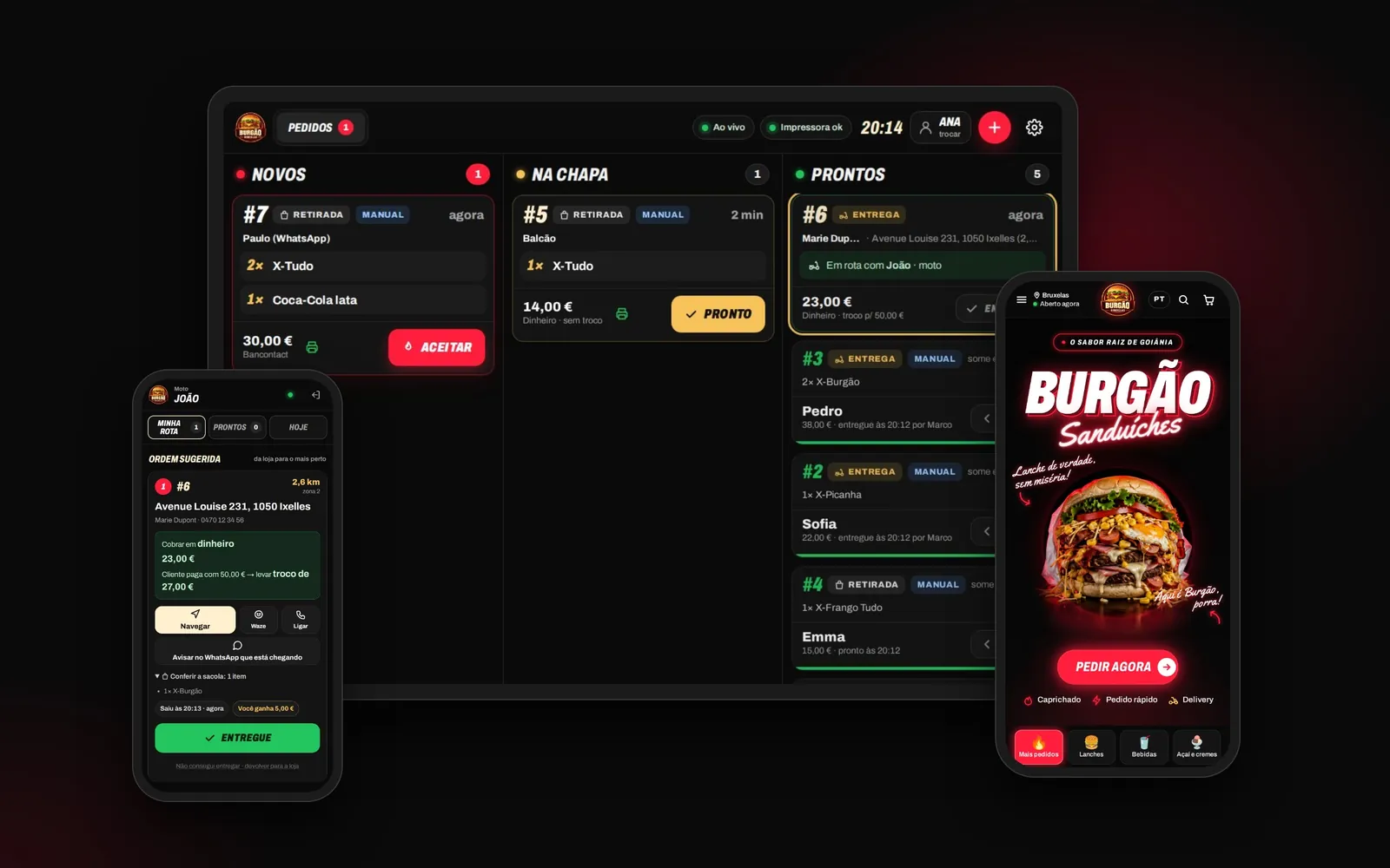 Tablet da cozinha, app do entregador e site juntos