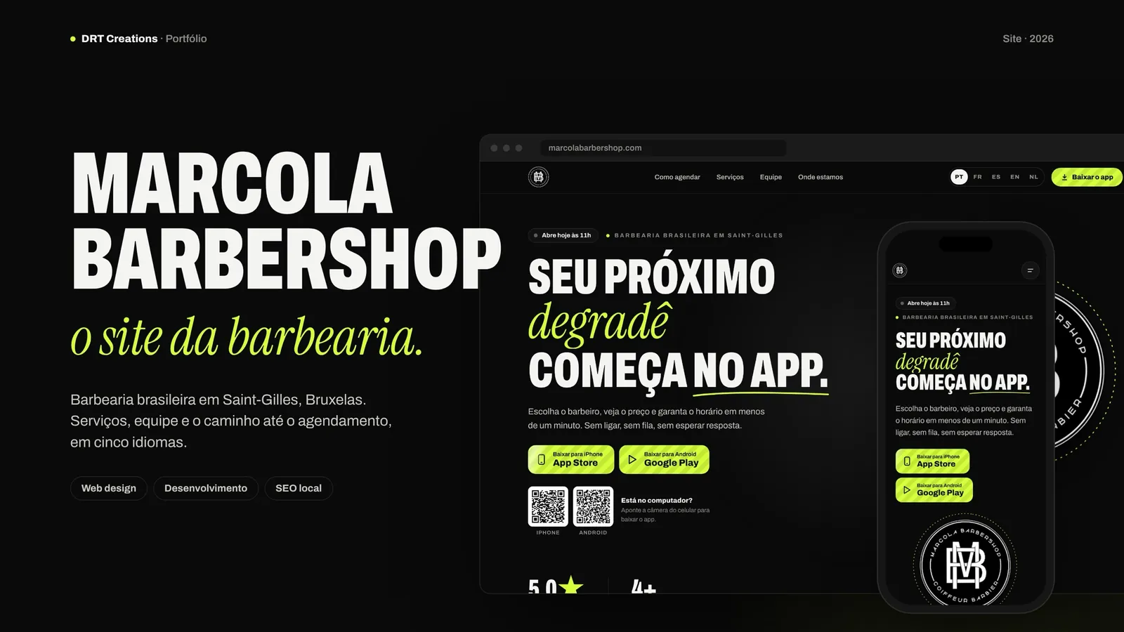 Site da Marcola Barbershop no computador e no celular