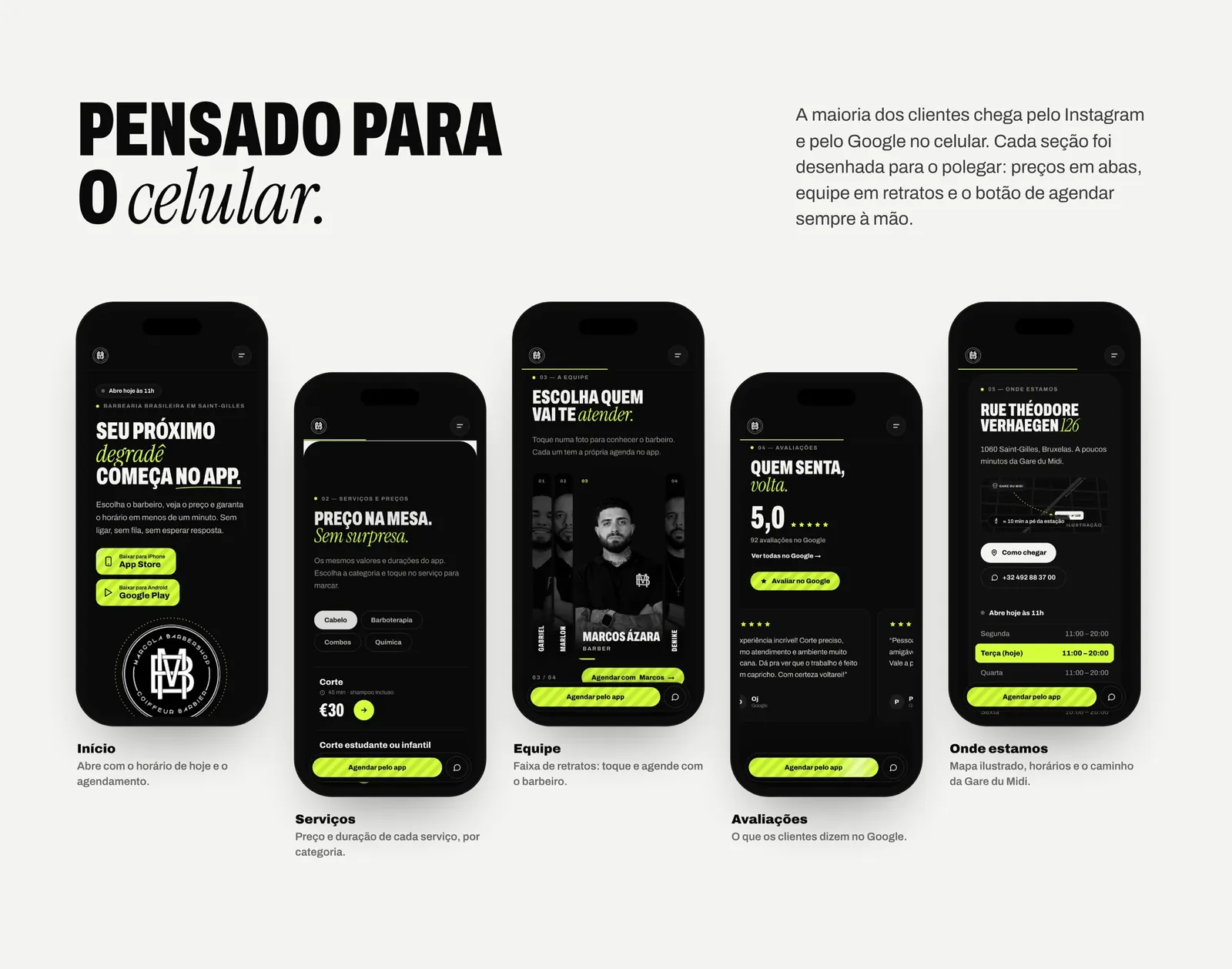 Five sections on mobile: home, services, team, reviews and location